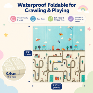 Foldable Baby Playmat, Double Sided Floor Mat Learning & Crawling for Babies – Jungle & Traffic Print – 6mm