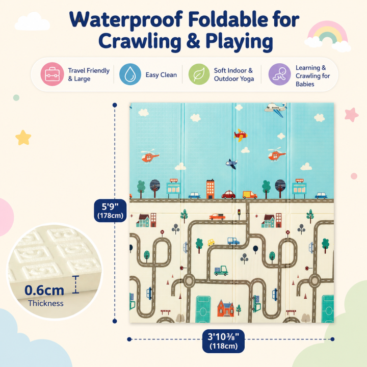 Foldable Baby Playmat, Double Sided Floor Mat Learning & Crawling for Babies – Jungle & Traffic Print – 6mm