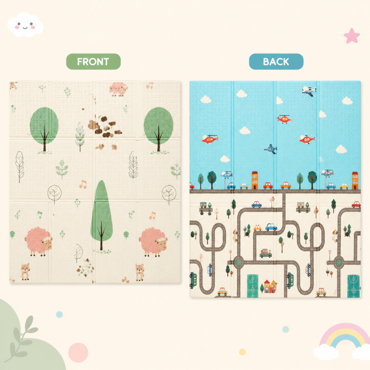 Foldable Baby Playmat, Double Sided Floor Mat Learning & Crawling for Babies – Jungle & Traffic Print – 6mm