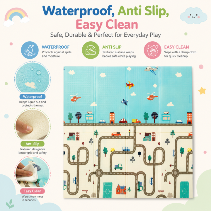 Foldable Baby Playmat, Double Sided Floor Mat Learning & Crawling for Babies – Jungle & Traffic Print – 6mm