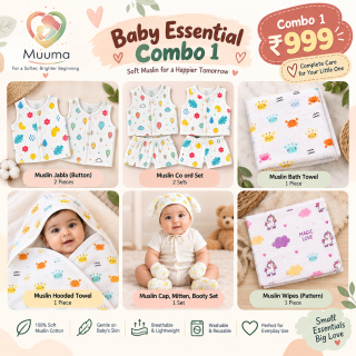 Muuma Newborn Baby Muslin Combo – Jabla Button, Co-ord Set, Bath Towel, Hooded Towel, Cap Mitten Booty Set & Wipes