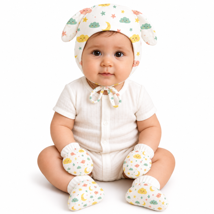 Muuma Newborn Baby Muslin Combo – Jabla Button, Co-ord Set, Bath Towel, Hooded Towel, Cap Mitten Booty Set & Wipes