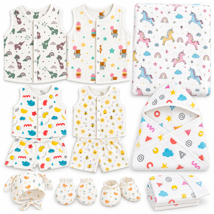 Muuma Newborn Baby Muslin Combo – Jabla Button, Co-ord Set, Bath Towel, Hooded Towel, Cap Mitten Booty Set & Wipes